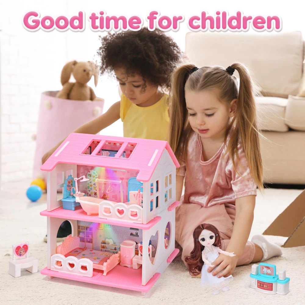 WizKidz Double-Sided Dollhouse Playset with Light Doll Slides Furniture Accessories for Girls and Toddlers Play Doll Houses Gift