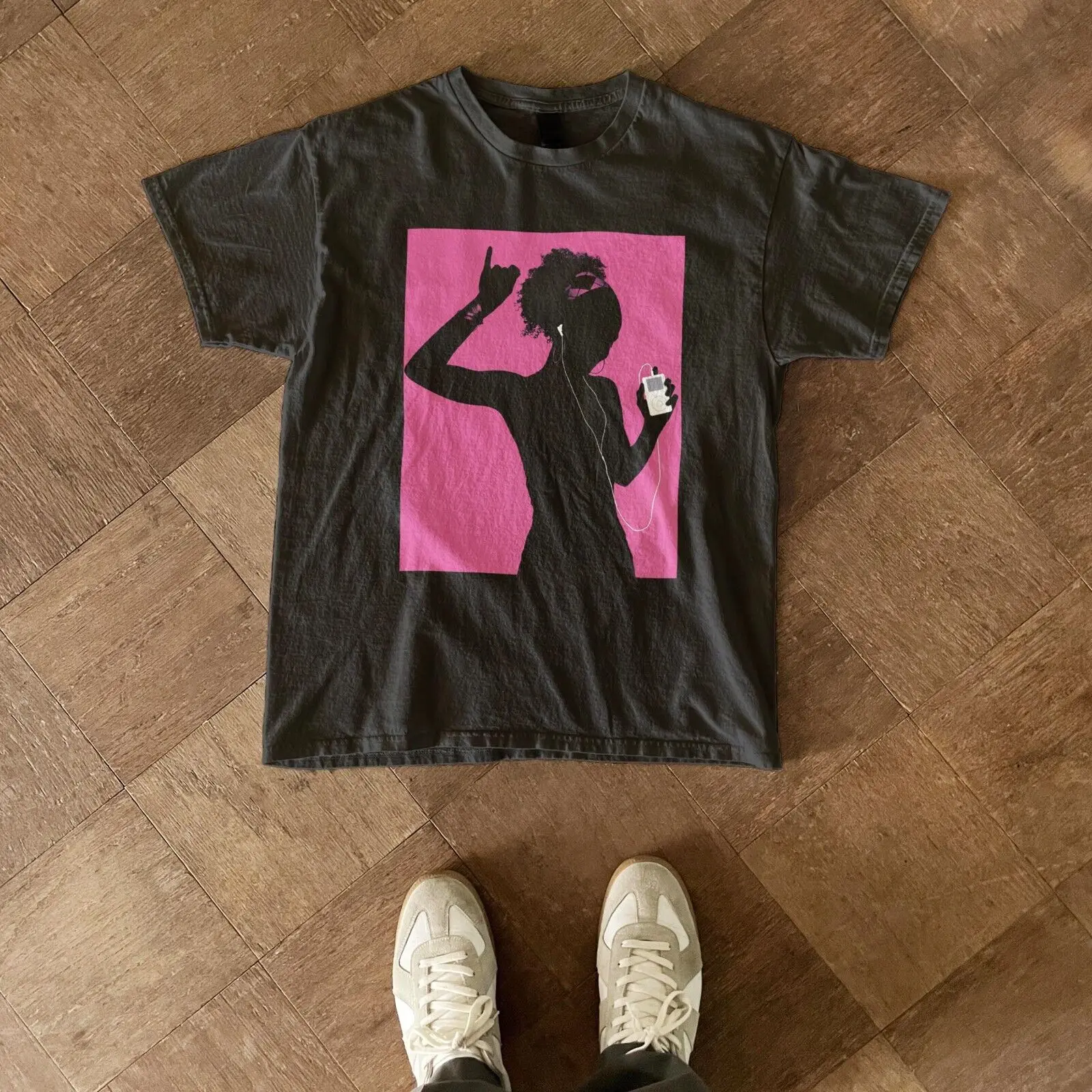 Vintage Apple iPods pink woman listening to music, print ad promo tshirt