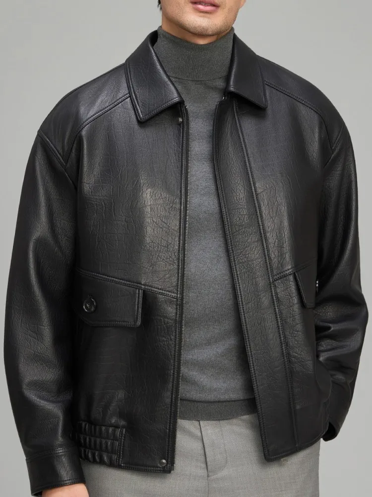 الأعمال عارضة نمط رفض طوق طويلة الأكمام سترة جلدية حقيقية بلون سستة فضفاضة الذكور ملابس خارجية من جلد الغنم #5