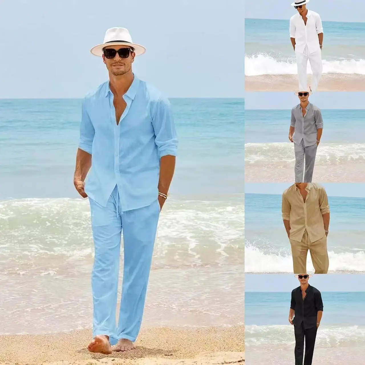 

New men's casual suit: solid color lapel shirt and cardigan two-piece set, light mature casual beach men's suit