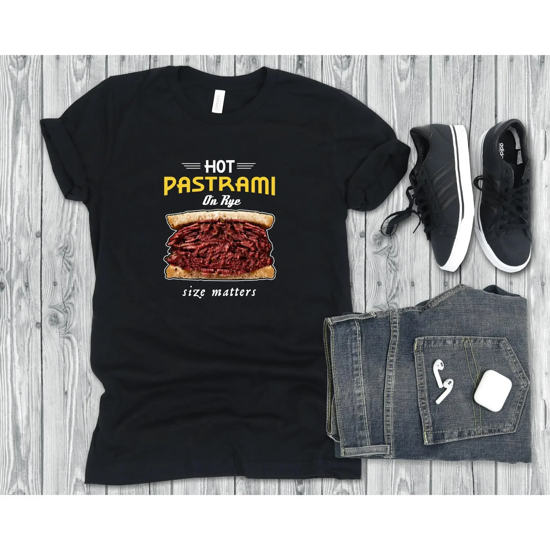 Pastrami on Rye Jewish Kosher Deli Sandwich T Shirt Size Matters Huge New York GifT for Man