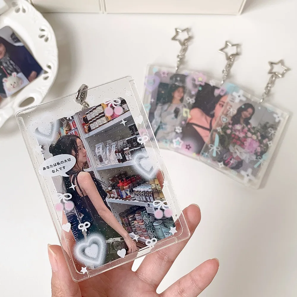 Acrylic 3 inch Photocard Holder Glitter with Pendant Keychian Photo Frame Keychain Bus Card Credit ID Bank Card Holder