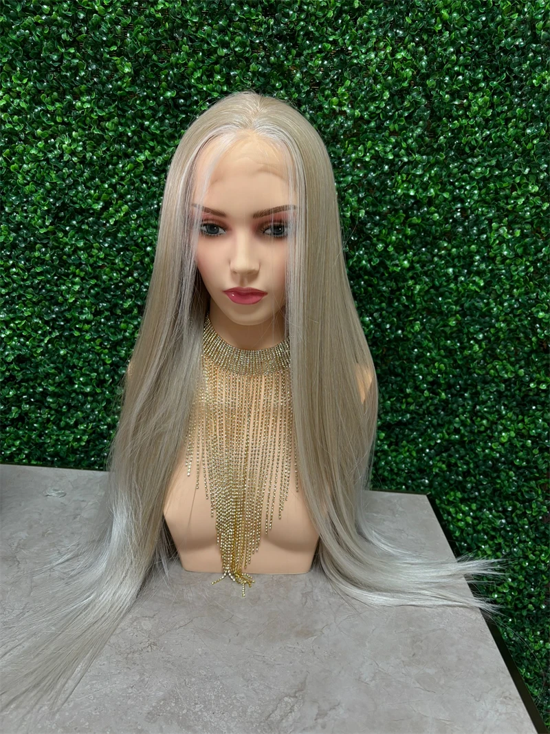 Grey Blonde Wigs Heat Resistant Fiber Silky Straight Ash Highlights Synthetic Wigs HD Lace Front Wigs For Women Glueless 28