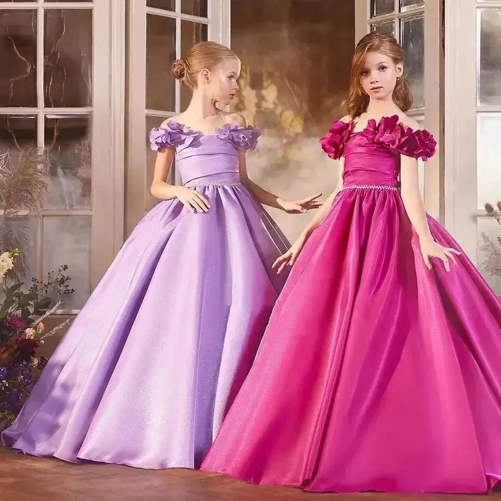 One shoulder satin 3d flower flower girl dress luxury sequin high waist beaded puffy dress dress children wedding party princess