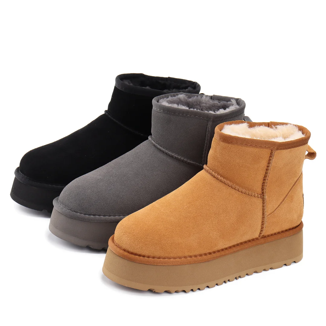 Classic genuine leather snow boots, fashionable and simple women's warm short tube with fleece and thick bottom cotton boots