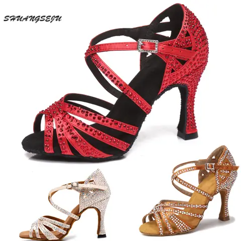 SHUANGSEJU 2026 New Latin Dance Shoes Female Hot Diamond Dance Shoes National Standard Salsa Cha Dance Shoes 6-7.5-9cm Heel