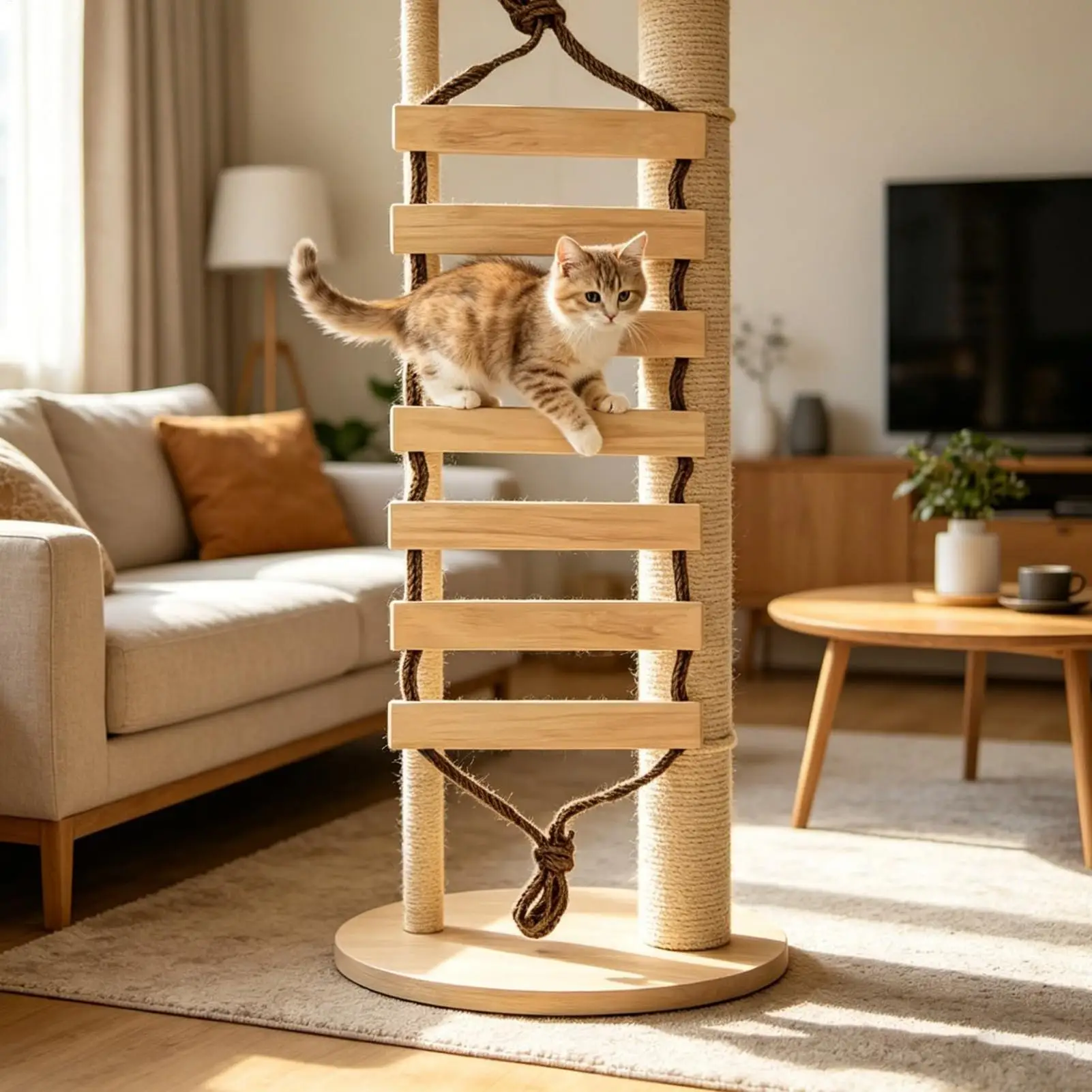 Wall-Mounted Cat Bridge Multi-Level Wooden Steps with Rope Cat Ladder Climbing Frame for Shelf Window Wall ﻿