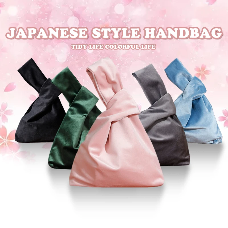 Autumn Winter Retro Velvet  Women\'s Handbags Bar Knot Wrist Bag  Japanese Style Simple Carrying Bag Purses Phone Key Pouch