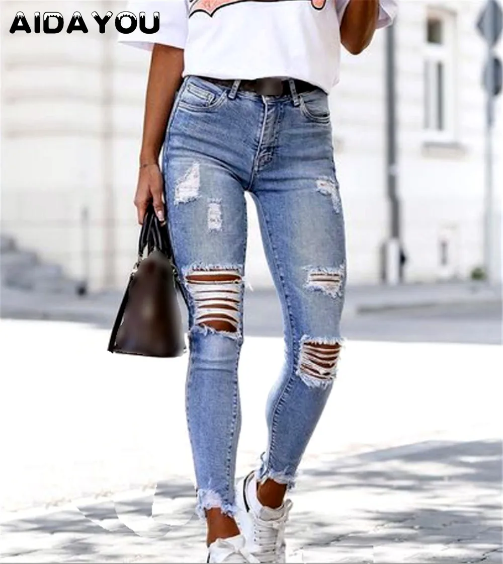 Women's Ripped Jeans Free Style Y2K Distressed Denim Pants Skinny Fit Regular Classic Designer Mid Waist Slim Taper Leg ouc2537