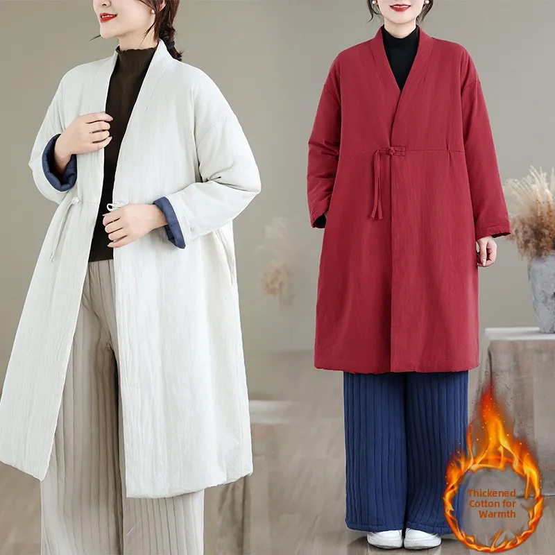 

Slimming Effect Thiened Cotton Jaet V-Ne Midi Loose Fit Button Pure Color Chinese New Sle Retro Embroidery Women Coat