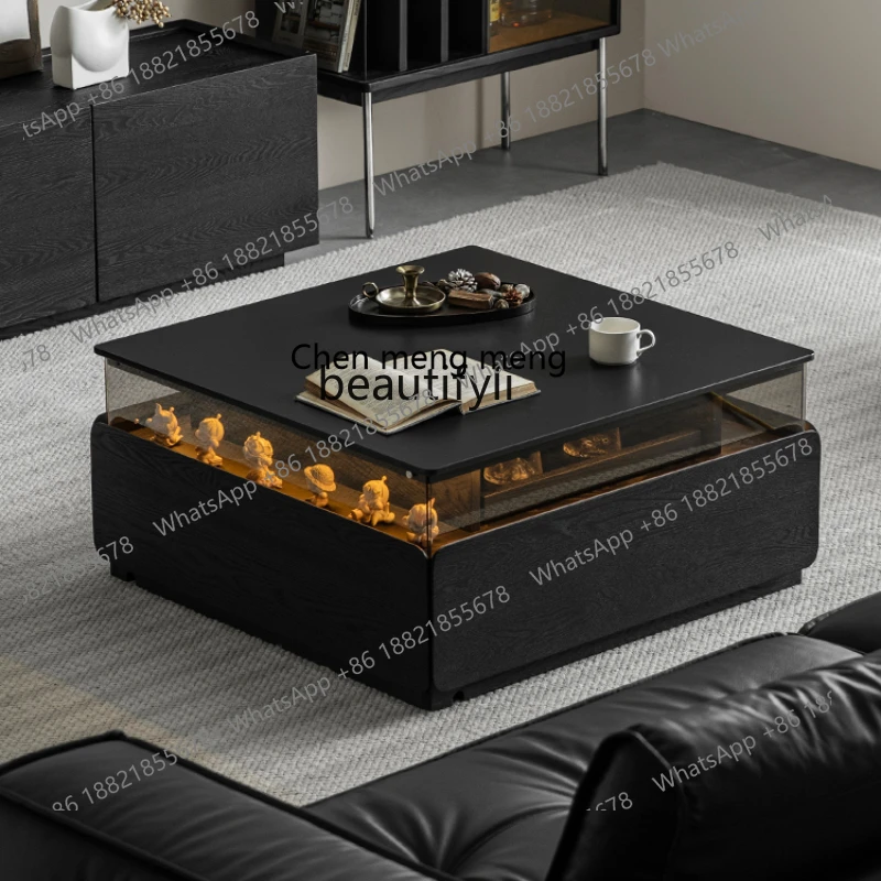 S7486 ss Light Luxury Furniture Square Stone Plate Coffee Table Lighting Atmosphere Solid Wood with Pumping Black Modern Minimal