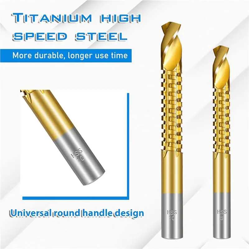 DT16 14PCS Titanium Coated HSS Twist Drill Bits, 3-10mm Serrated Side Cutting Drill Bit, Hex Shank Serrated Cutting Drill Bits