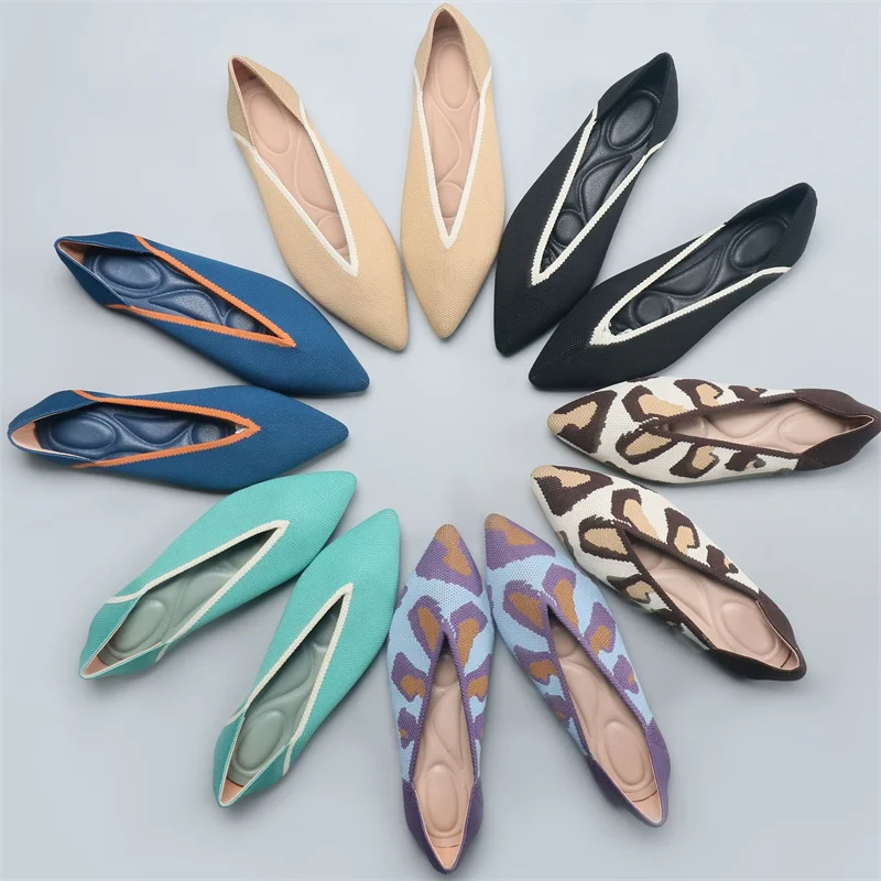 Flat Shoes Women\'s Spring Summer Knitting Fly Line  Shoes Pointed Tie Soft Bottom Breathable Non-slip Single Shoes
