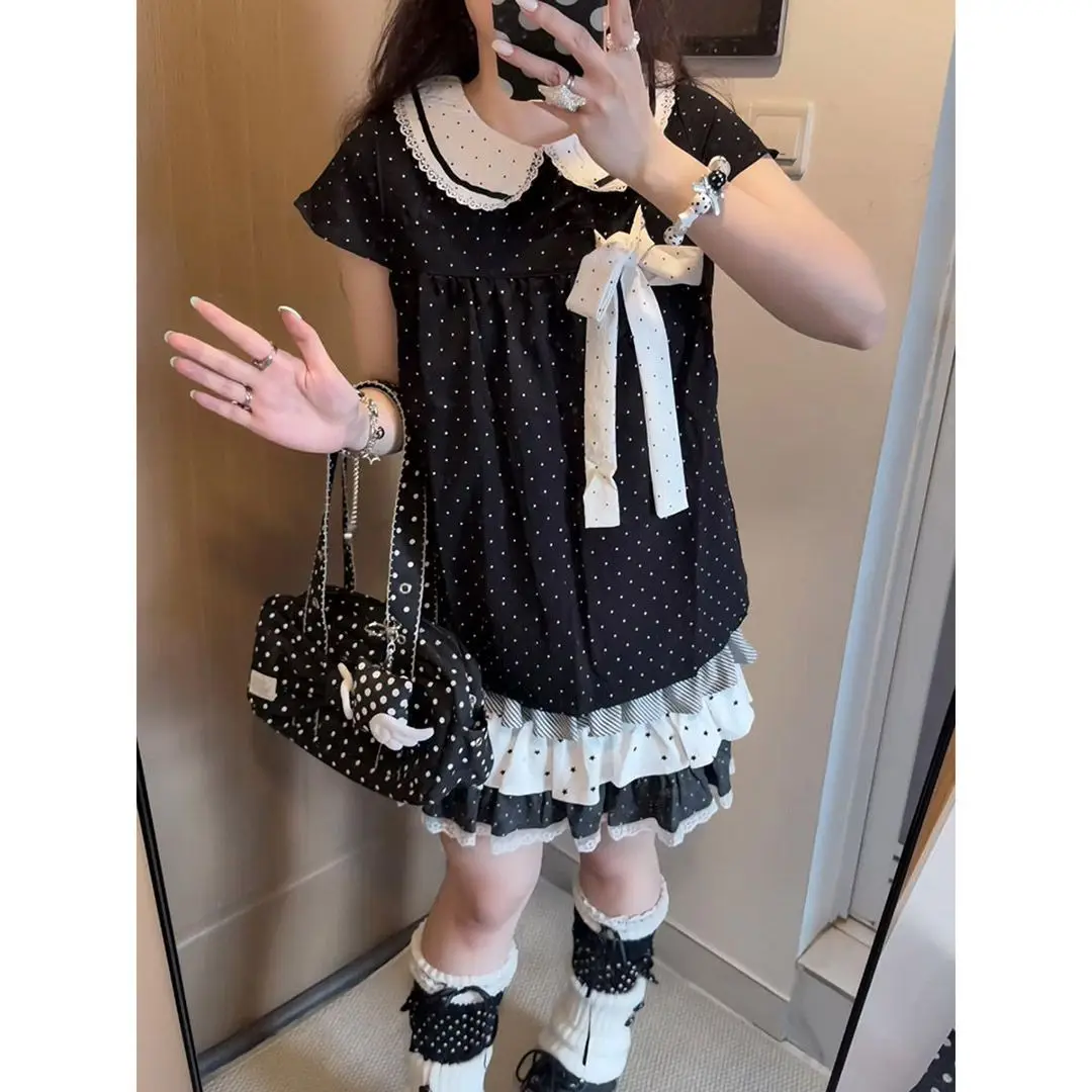 Y2K Kawaii Japanese Polka Dot 2 Piece Set Women Doll Collar Short Sleeve Bow Lace Trim Ruffle Cake Skirt Loose Fit Dress Casual view 6