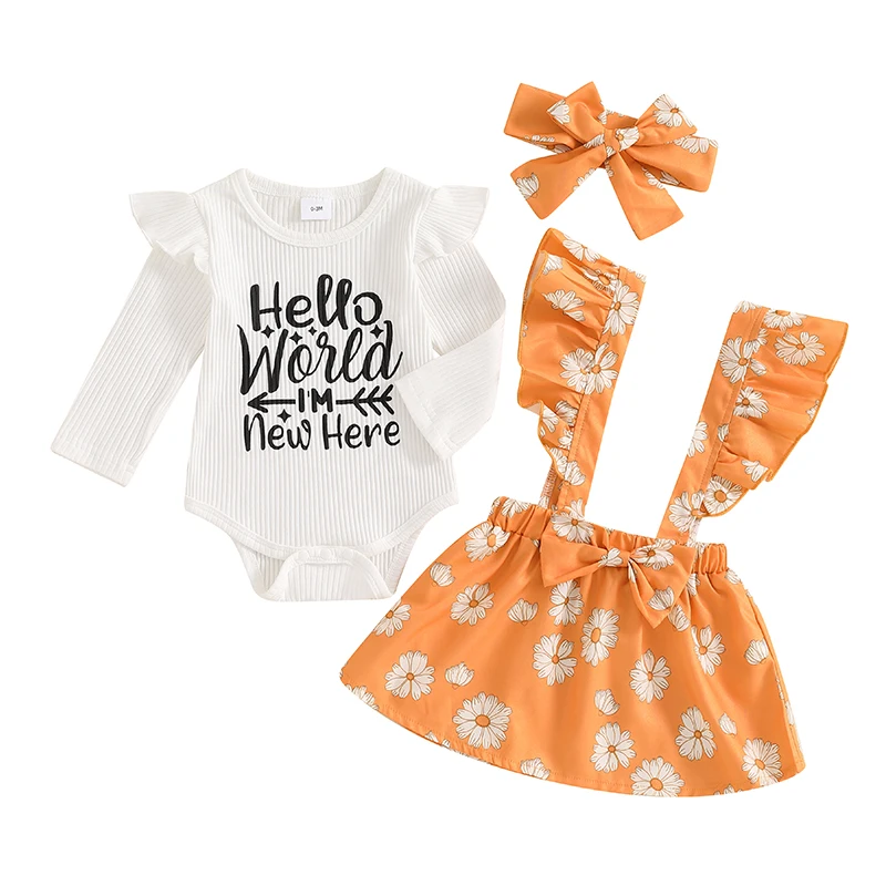 

Baby Girls Fall Outfit Letter Print Long Sleeve Romper and Floral Print Suspenders Skirt Cute Headband 3 Piece Clothes