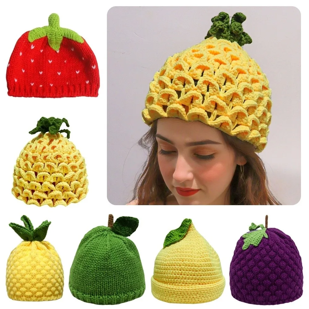 

Playful Warm Knitted Fruit Hat Soft Thick Pineapple Beanie Handmade Brimless Strawberry Pullover Cap Winter Head Accessory