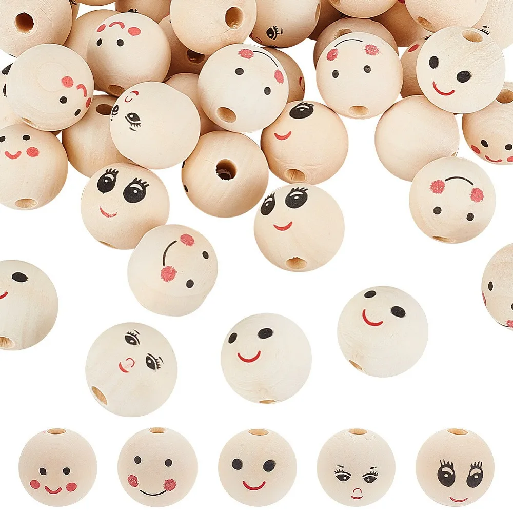 40pcs Printed Wood European Beads Large Hole Round Bead with Face Pattern Undyed Mixed color 23~25x22.5~23.5mm Hole: 4.9~5.5mm