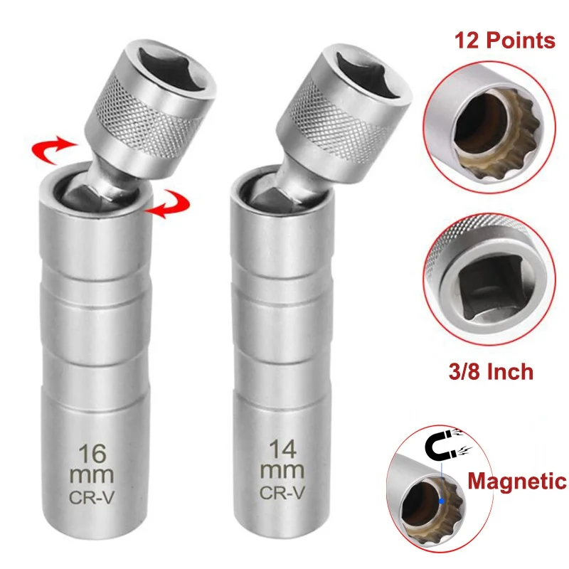 14mm/16mm Thin Wall Magnetic Swivel Spark Plug Socket Universal 3/8 Inch Drive 12 Point Spark Plug Socket Removal Tools