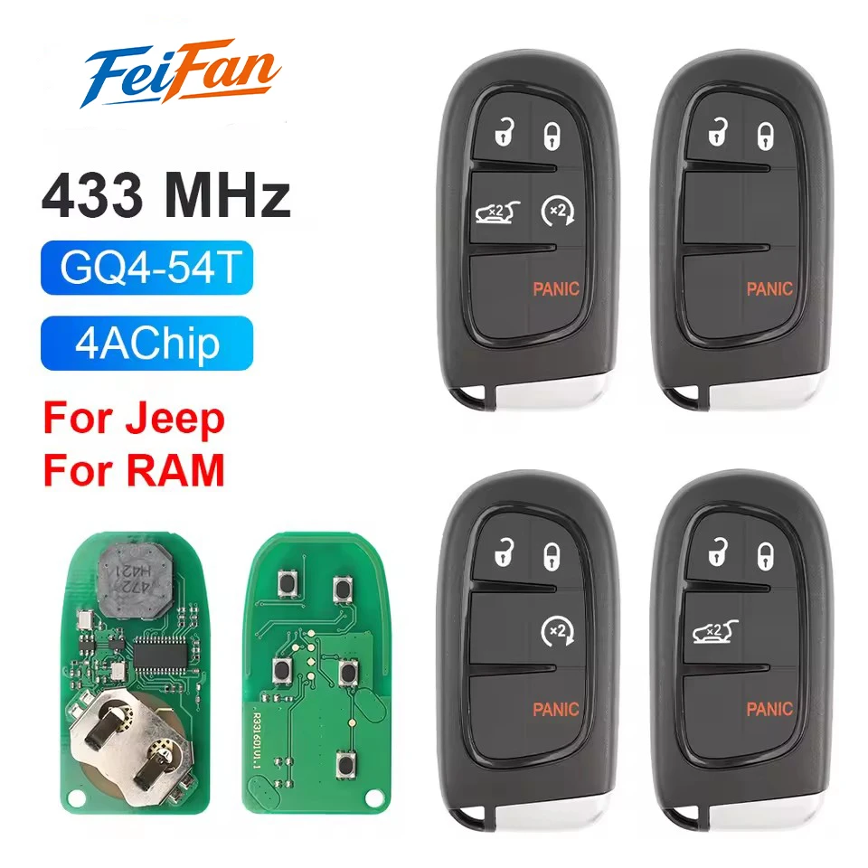 

FeiFan Keyless Go 433Mhz 4A Chip GQ4-54T 3/4/5 BTN Remote Smart Key for Jeep Cherokee 2014 2015 2016 2017 2018 2019 2020-2023