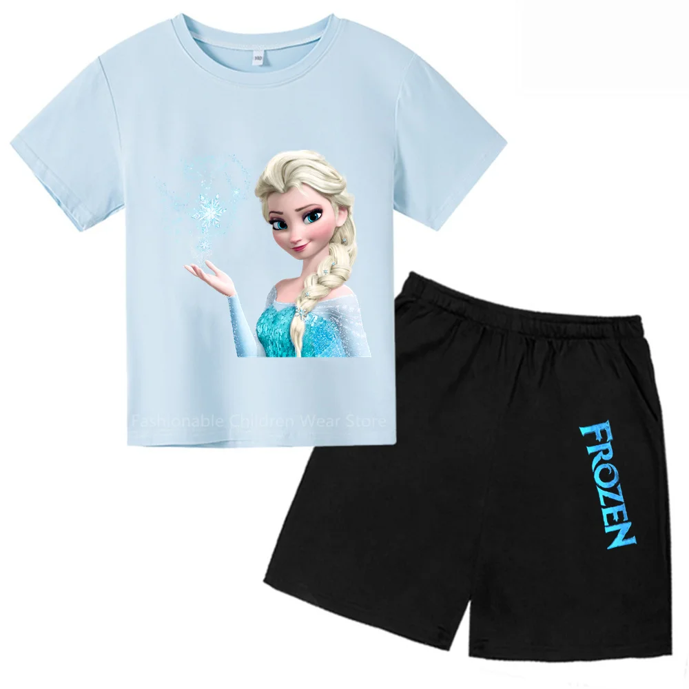 Cool Kiddos Summer Ensemble: Frozen Cartoon Print Tee & Shorts | 2024 Cotton Casual Wear For Indoor Play & Beach Fun