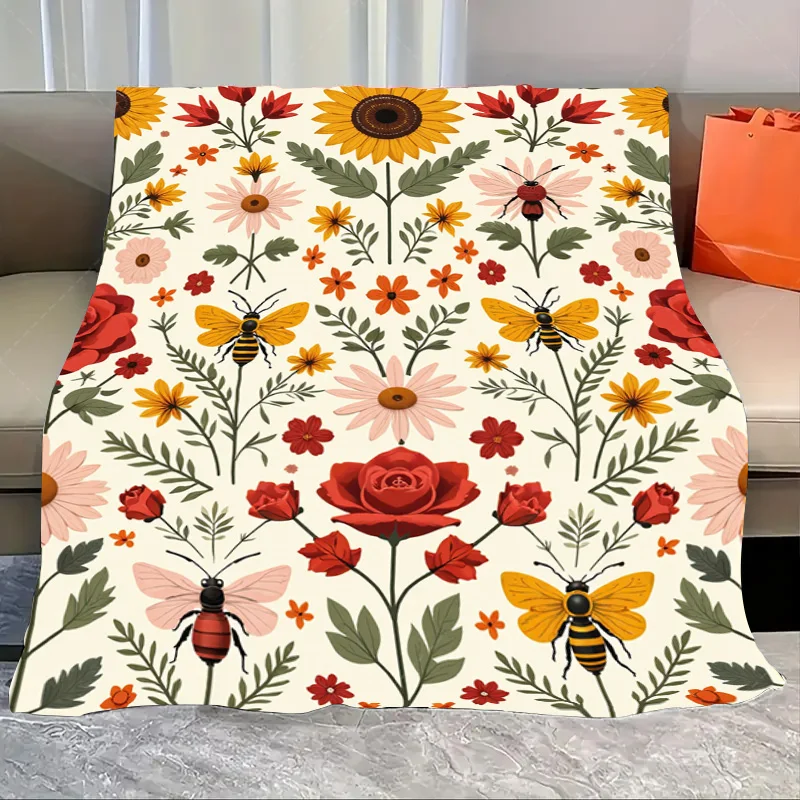 

1pc Flannel Blanket Vibrant Floral Bee Print Blanket for Cozy Home Decor