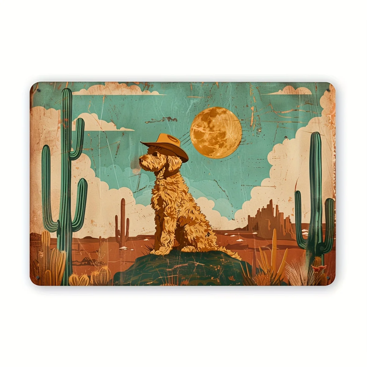 2D Flat, Poodle in the Desert Vintage Metal Tin Sign, Indoor Outdoor Decorative Hanging Tin Painting, Wall Room Residential Bedr