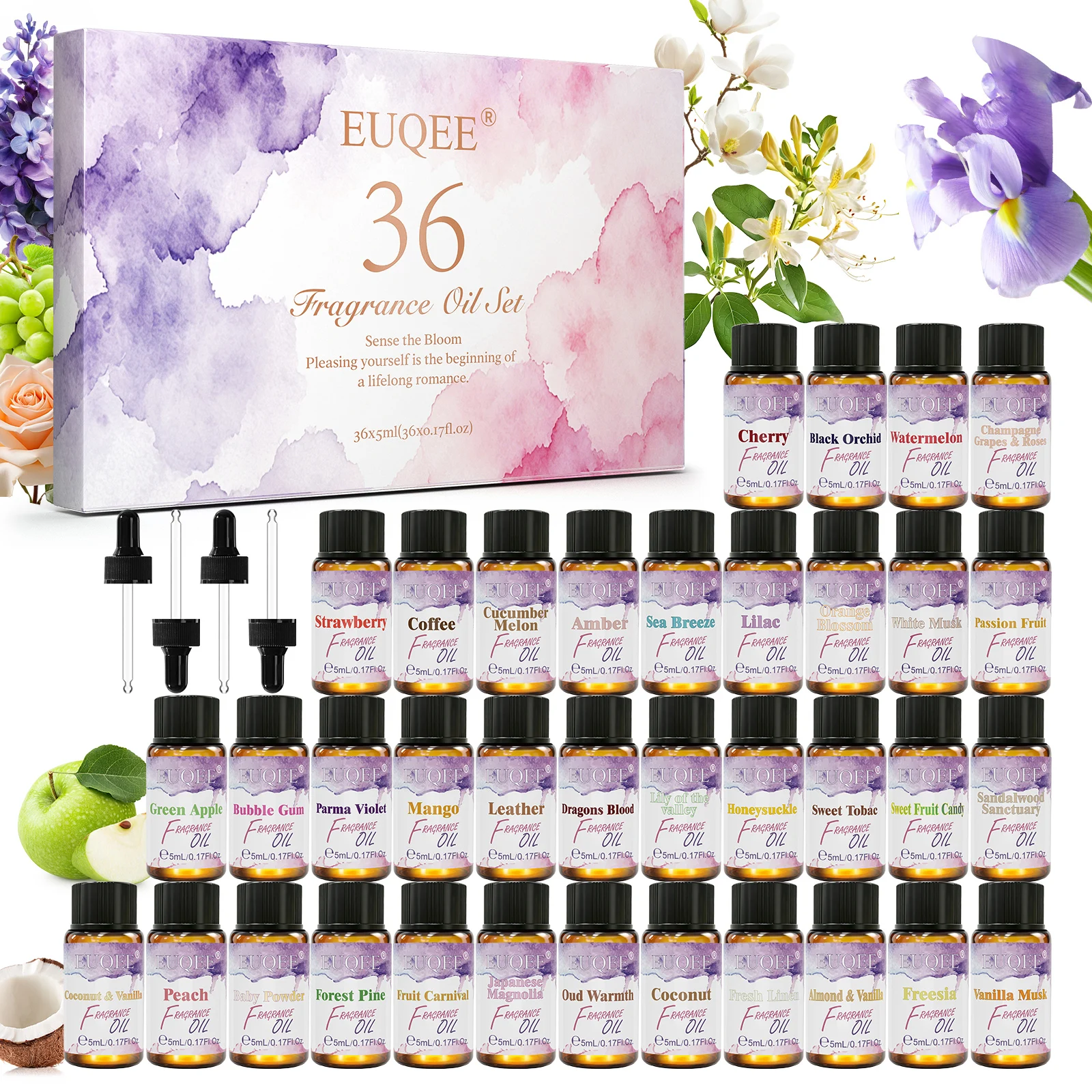 EUQEE 36 Botellas de Aceites Aromáticos: Coco y Vainilla, Brisa Marina, Chicle, Talco para Bebé, Ámbar, Fresa, Cereza, Mango