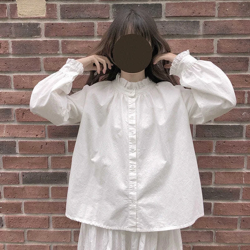 MEXZT Sweet White Shirts Women Kawaii Ruffles Lantern Sleeve Blouses Student Preppy Harajuku Lolita Japanese Korean Casual Tops