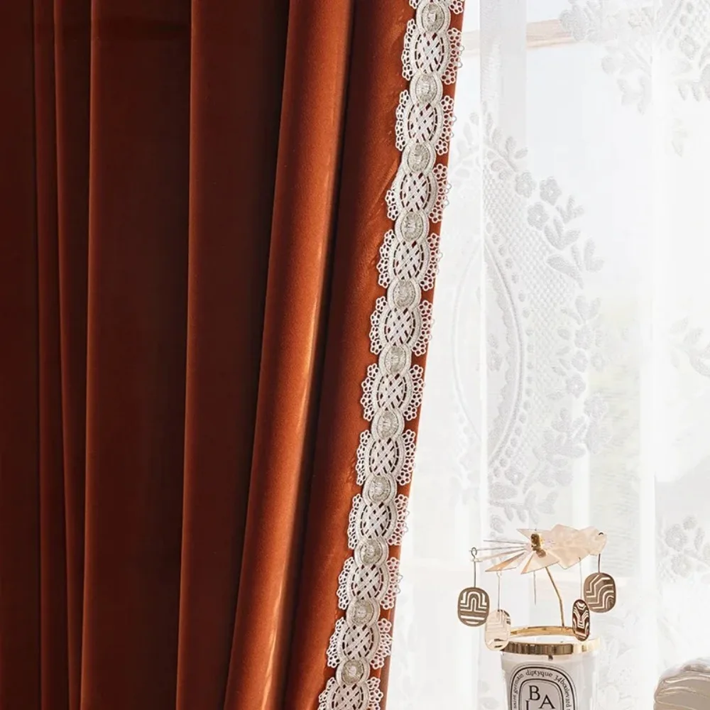 Vintage Caramel Pumpkin Velvet Thickened Curtains for Living Room Bedroom French Window Lace Embroidered Window Screen Finished