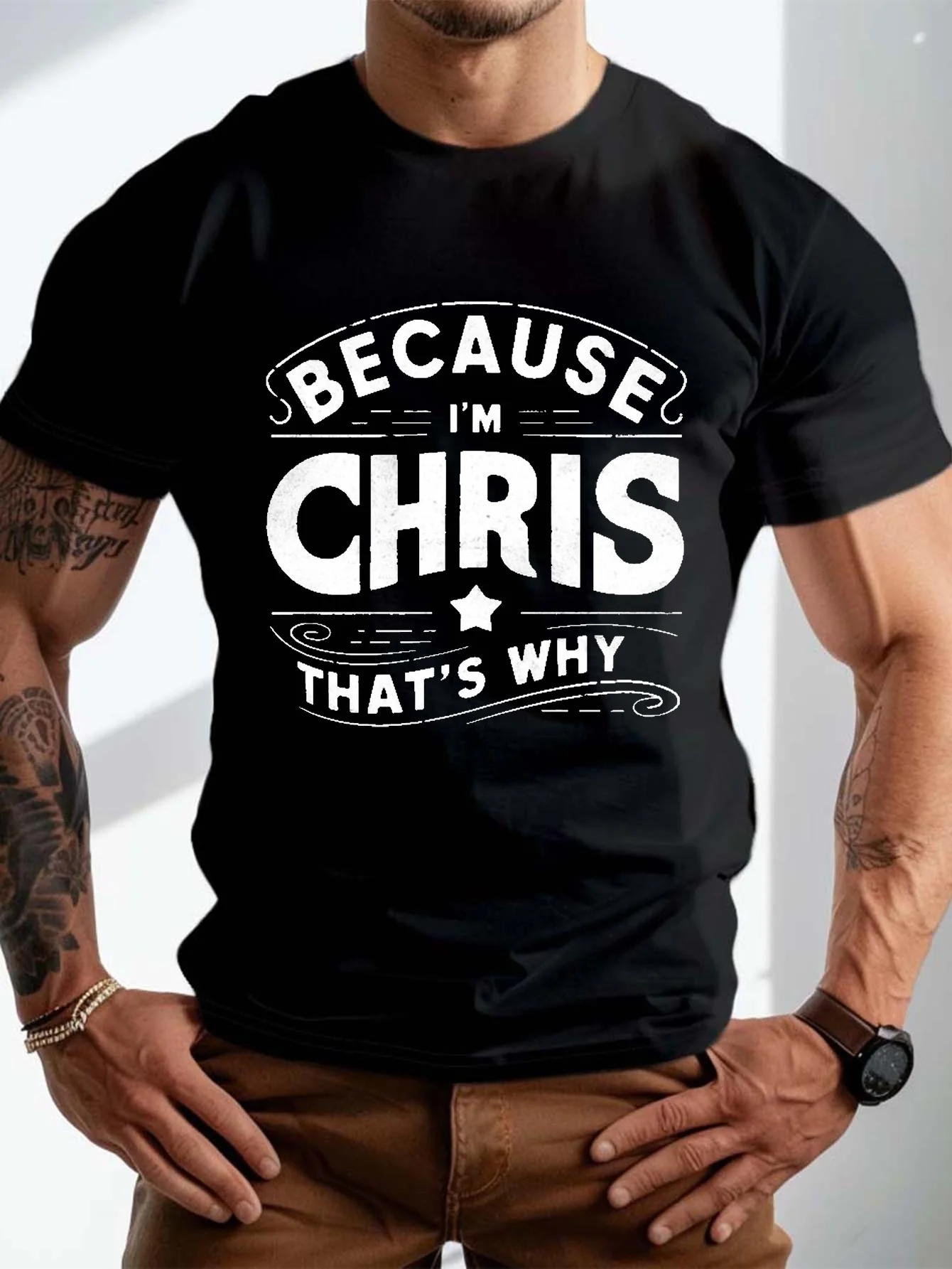 Plus-Size Men's Summer T-Shirt, Chris Printed Short-Sleeve T-Shirt, Fashionable Casual Top for Everyday Wear, Suitable for Big and Tall Individuals