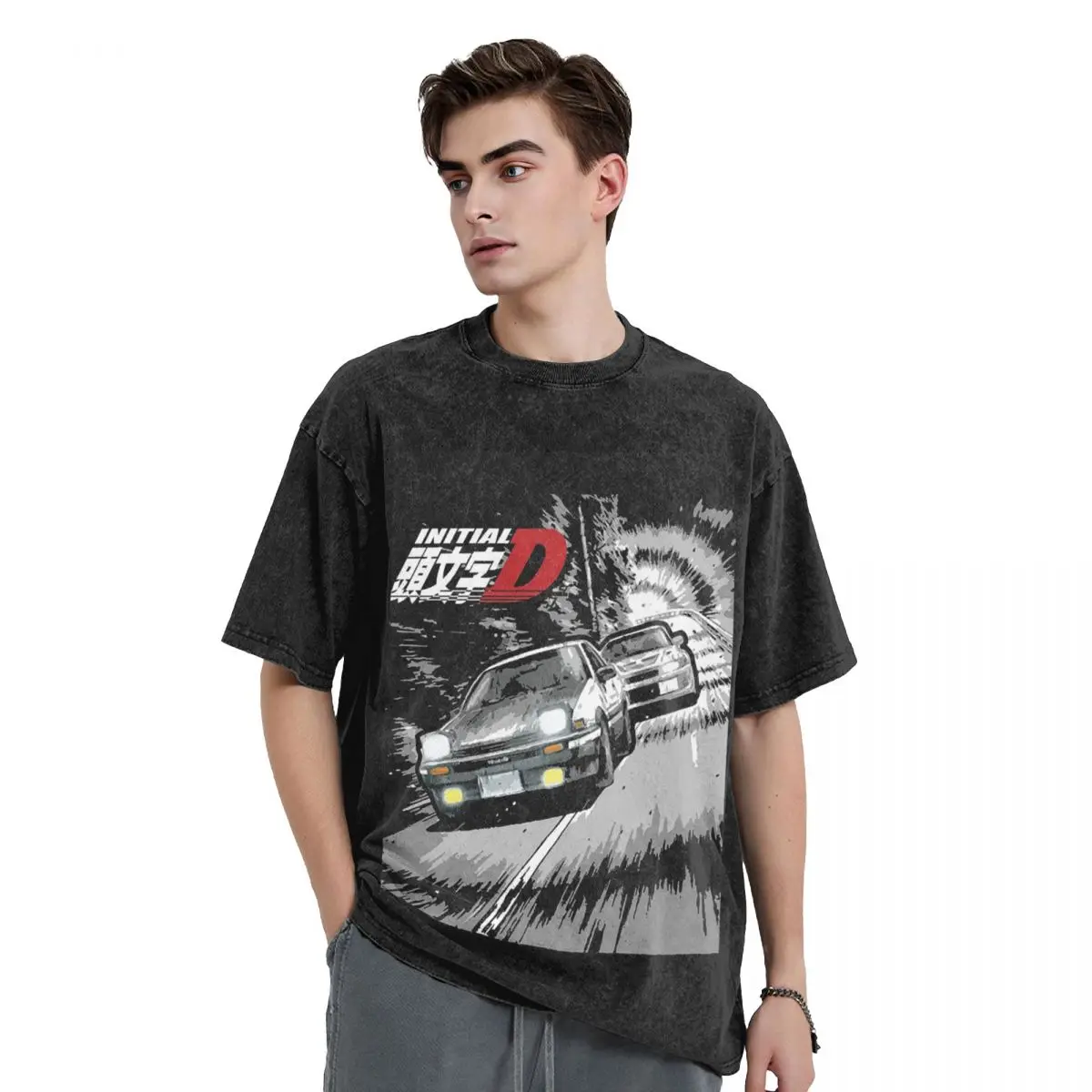 Initial D - Mountain Drift Racing AE86 Washed T Shirts Casual Short Sleeve Hip Hop T-Shirt Streetwear Tops Tees for Men Women