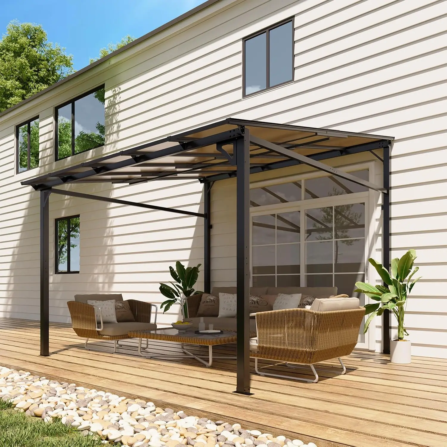 

10x10 ft Outdoor Lean to Gazebo Wall Mounted Patio Hardtop Gazebo Pergola with Polycarbonate Roof Upgraded Steel Frame Hardtop P
