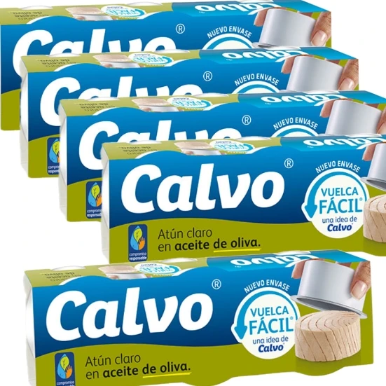 CALVO Atún claro en aceite de oliva vuelca fácil pack 3 lata 52 g neto escurrido-PACK de 5pack