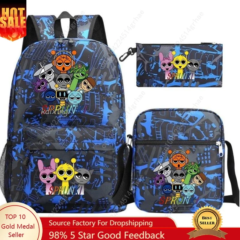

3Pcs New Sprunki Anime Print Backpack Set, With Tote and Pouch, Large Capacity Lightweight And Breathable Outdoor Knapsack