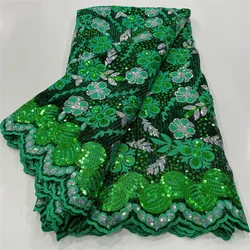 Green African French Net Lace Fabric With Sequins Embroidered Nigerian Tulle Lace For Party Dresses High Quality Fabric 2.5Yards