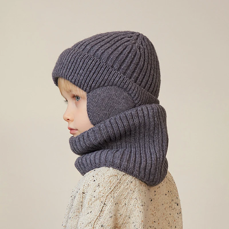 Conjunto de bufanda de lana para niño y niña, gorro de lana con orejeras, calentador de cuello de punto, 2 piezas, Invierno