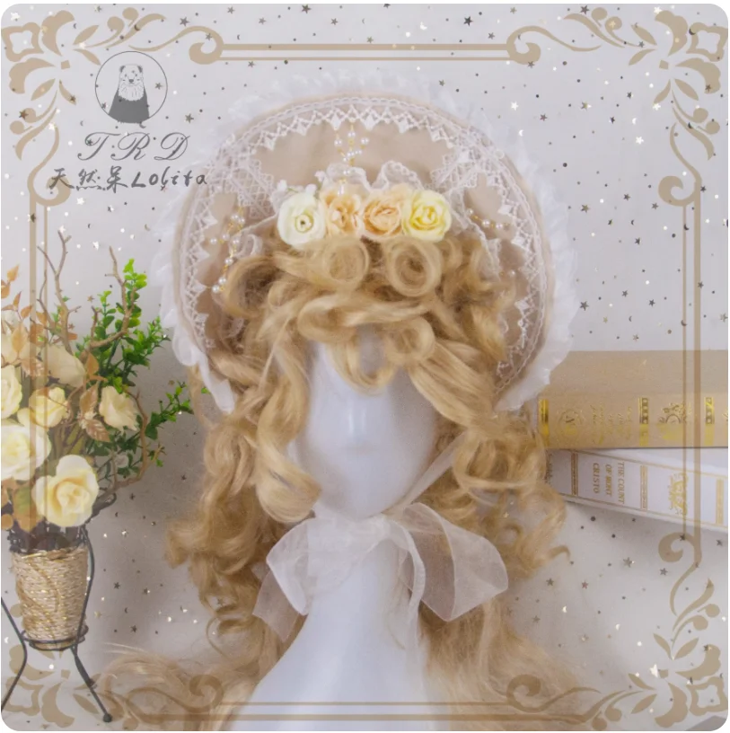 Gorgeous Gothic Vintage Soft Girl Lolita Victorian Court Sun Hat Bnt Cosplay Flower Multilayer Lace Bead Chain Bonnet Handmade