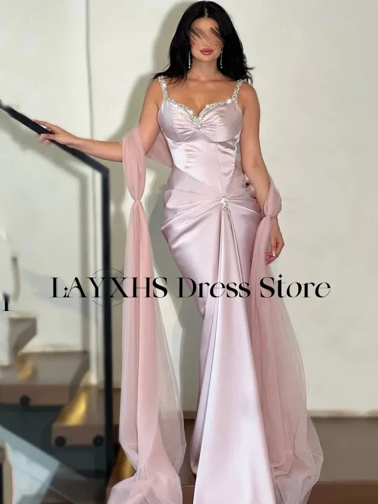 LAYXHS Splendidi abiti da sera con spalline sottili Abiti da ballo con pieghe in rilievo con sirena rosa Abiti personalizzati