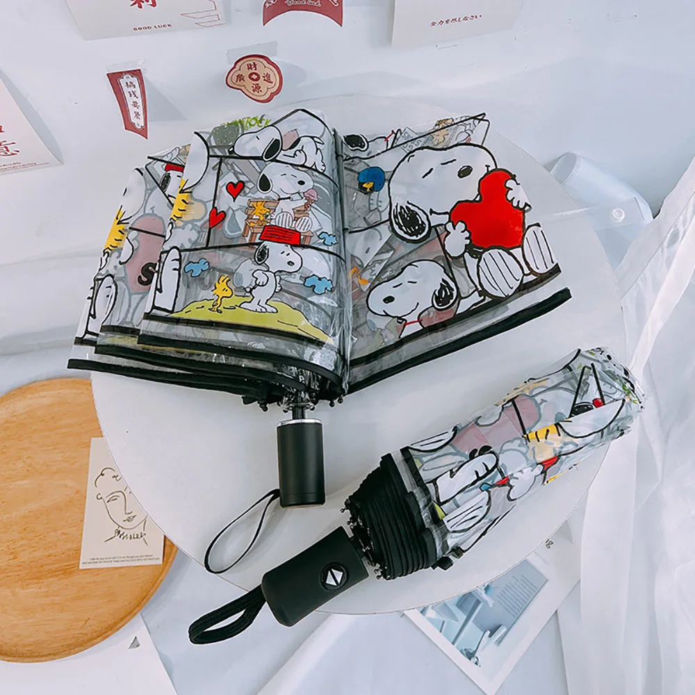 Snoopy Cartoon Transparent Umbrella Kawaii Anime Figure Three-fold Automatic Bumbershoot Fashion Manual Umbrella Christmas Gifts