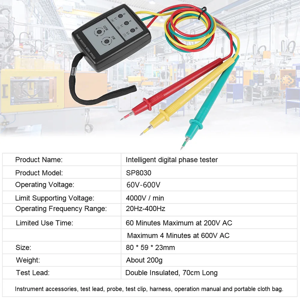 Non-Contact Phase Sequence Detector AC 60~600V Non-Contact Phase Sequence Detector Magnetic Base Phase Meter