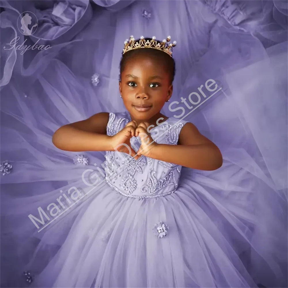 Elegant Flower Girl Dresses For Wedding Decal Crystal Sleeveless Kids Birthday Party Bridesmaid First Communion Gown