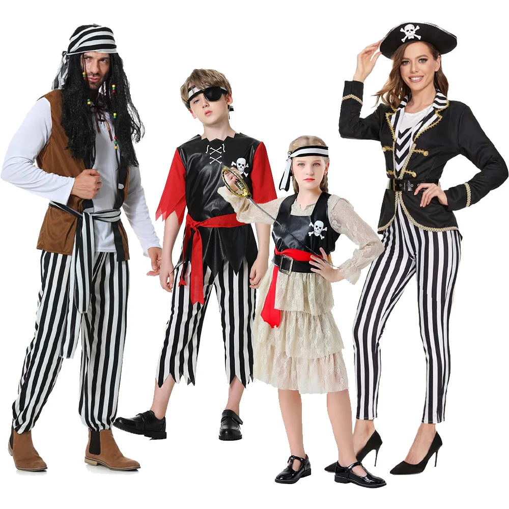 Adult Kids Pirate Cosplay Costume Men Women Boys Girls Stage Performance Family Clothing Outfits Halloween Carnival Party Suit