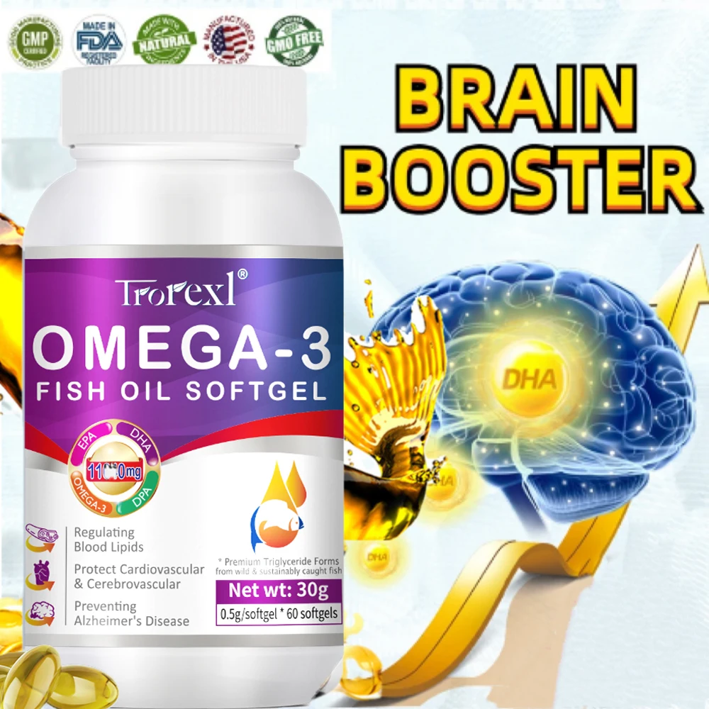 Omega 3 Fish Oil Capsules Triple Strength Intelligence Development Help Support Brain & Heart Health Includes EPA & DHA Softgel