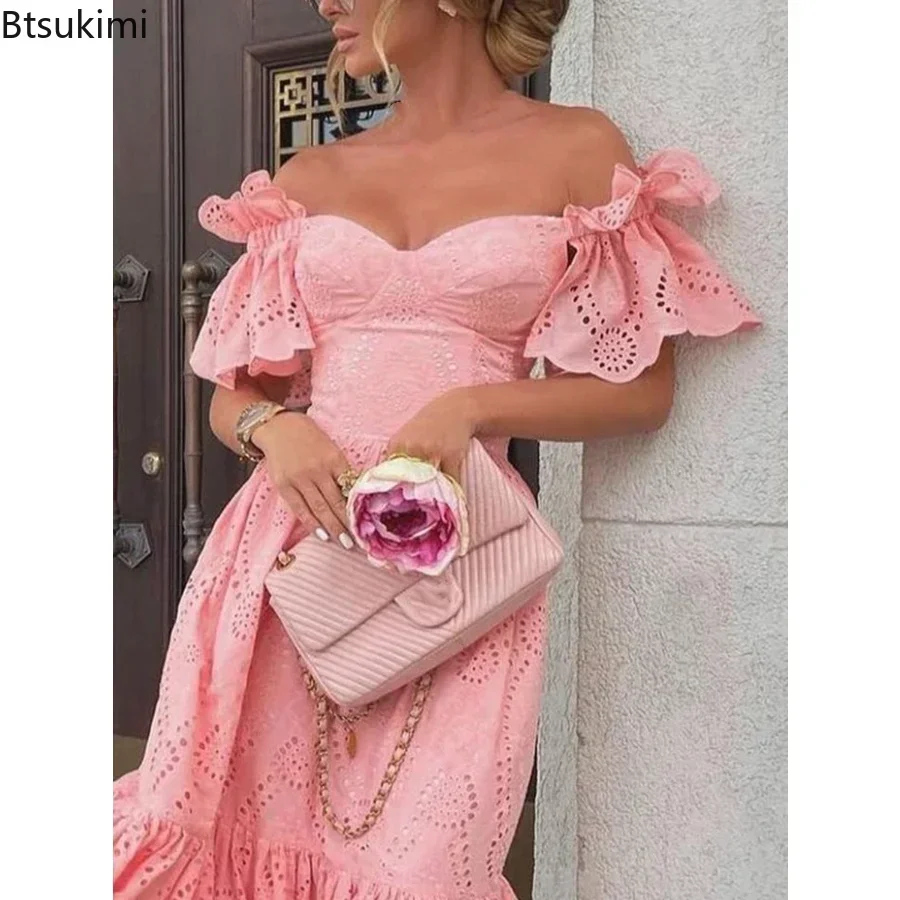 2024 Women Sexy Hollow Out Solid Ruffles Dress Summer Loose Lace Patchwork Casual Dress Elegant Strapless Party Dresses Vestidos