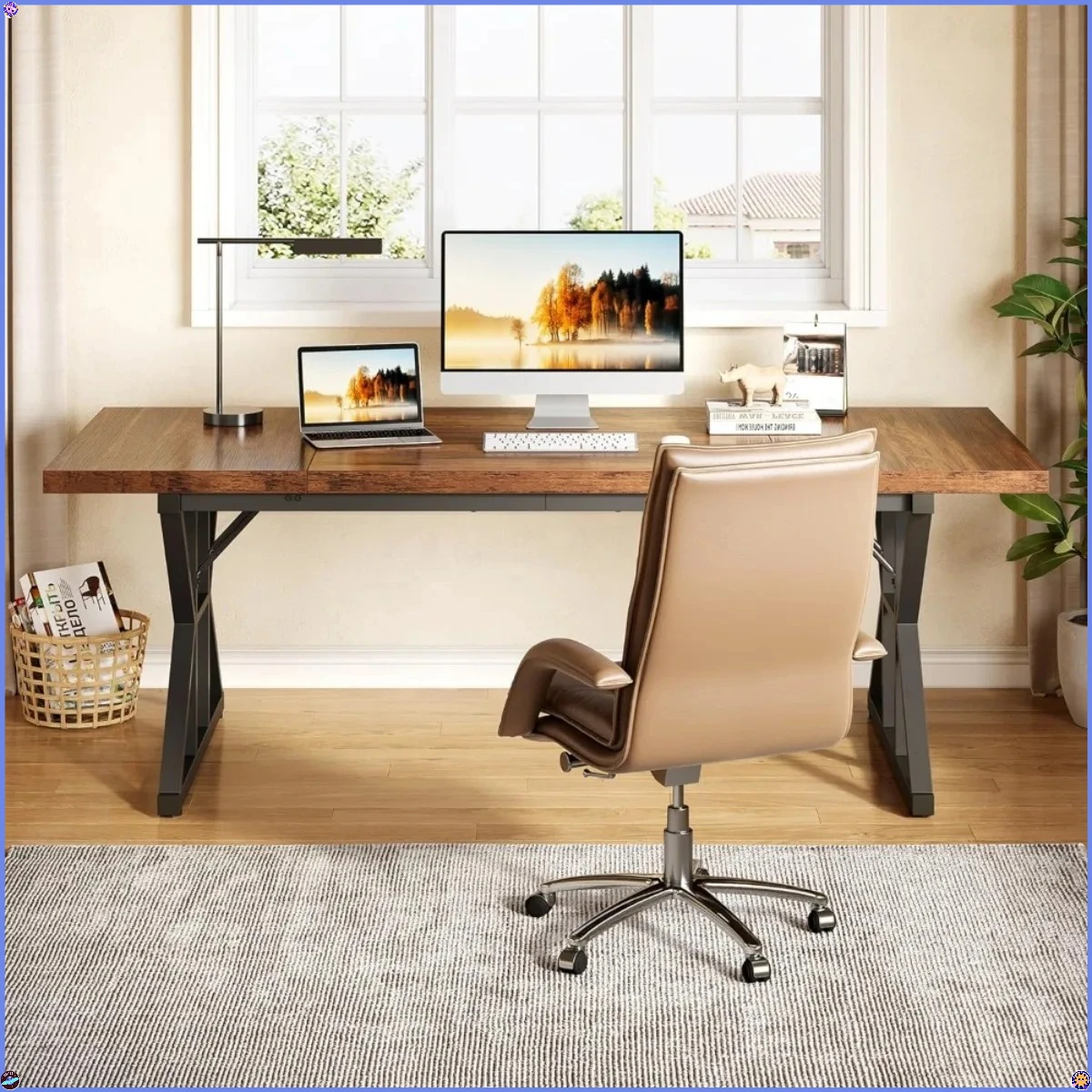 70.8-Inch Office Desk, Wooden Executive Office Desk, Modern Work Desk, Large Farmhouse Writing Table Computer Desk