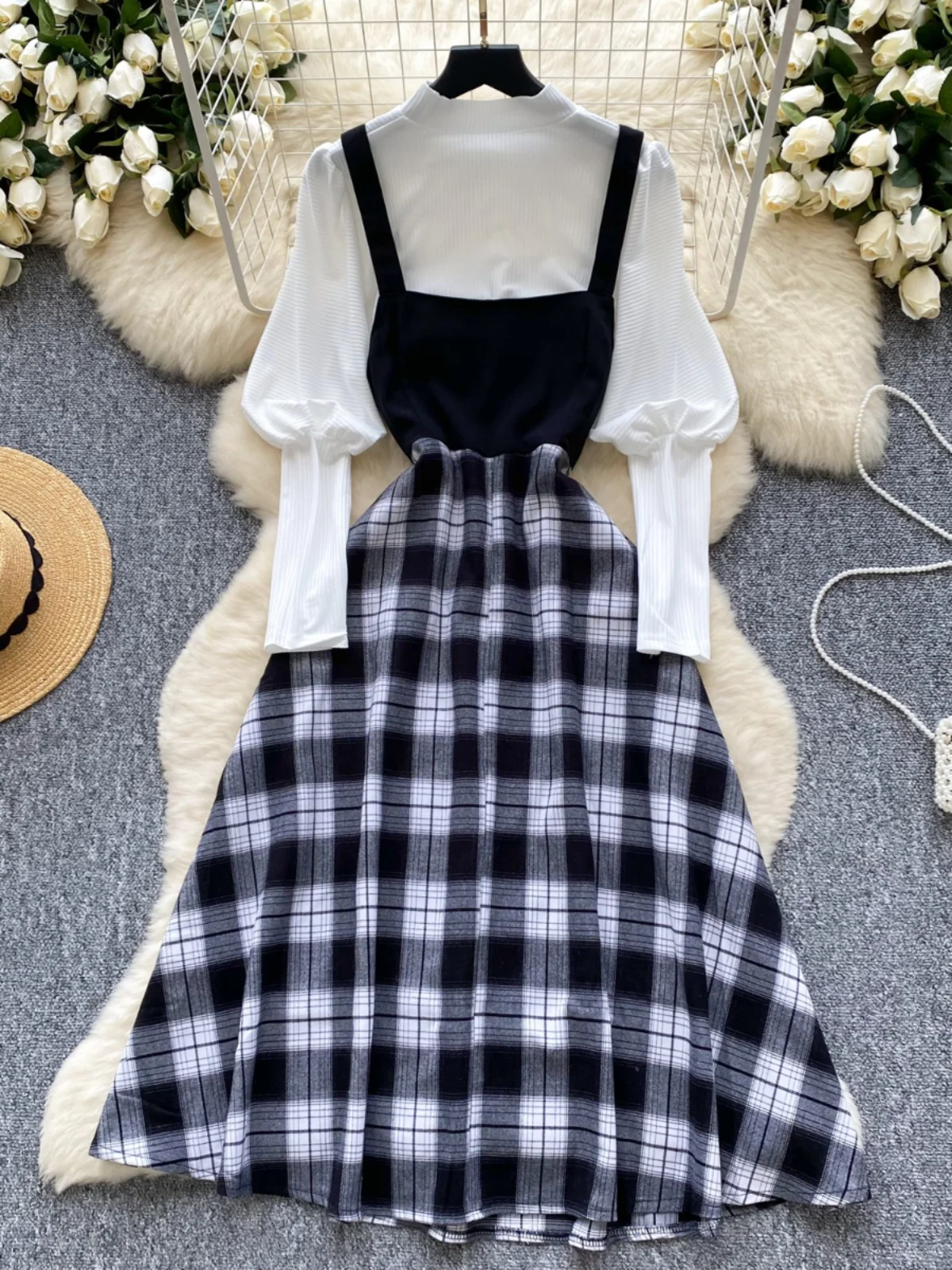 

Ele Plaid Lantern Sve Dr с бретелями и цветным воротником-стойкой, женский модный комплект, осенняя одежда