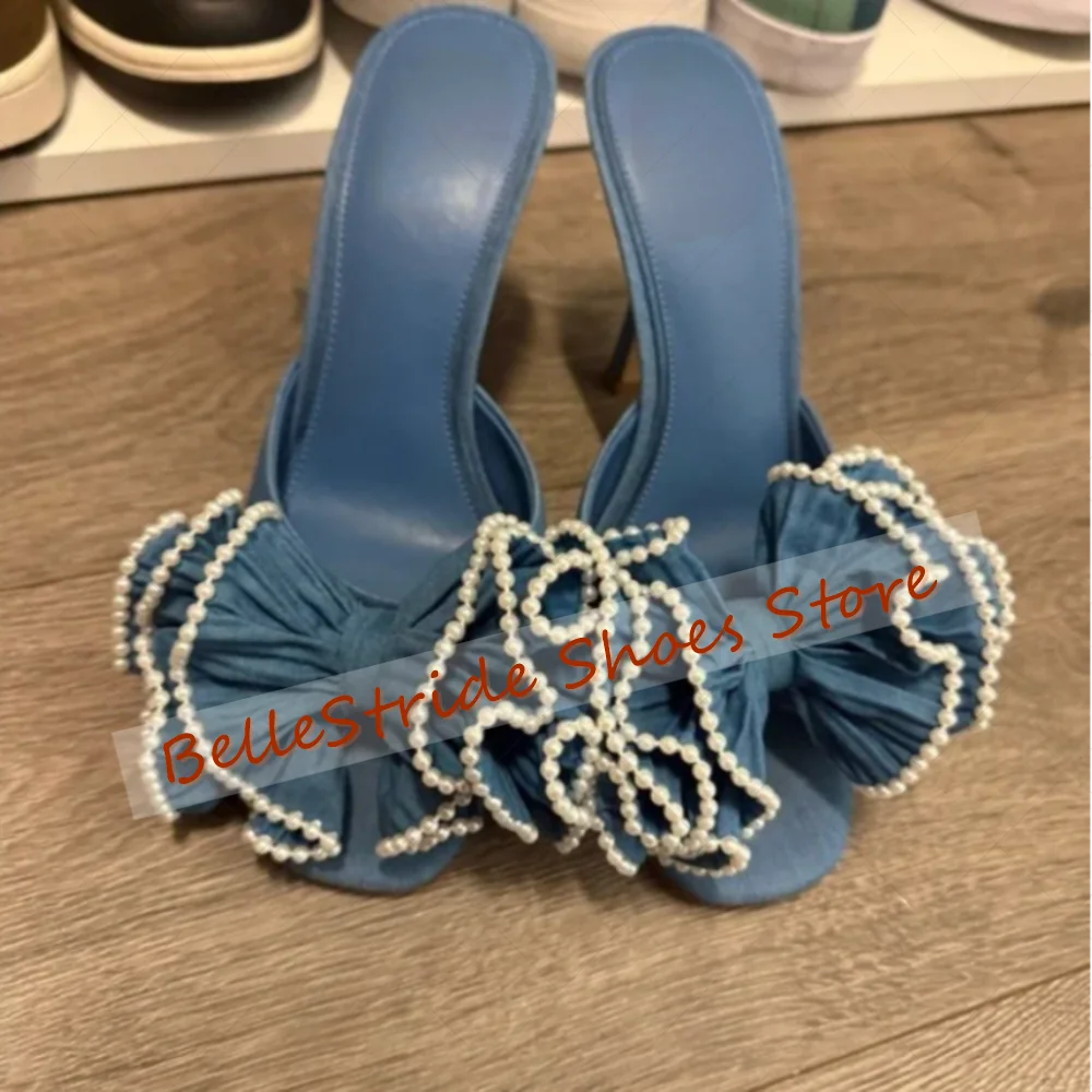 

Blue Bow knot Decor Pearl Slippers Round Toe Women Shoes Stilettos High Heels Party Banquet Dating 2025 Zapatos Para Mujere