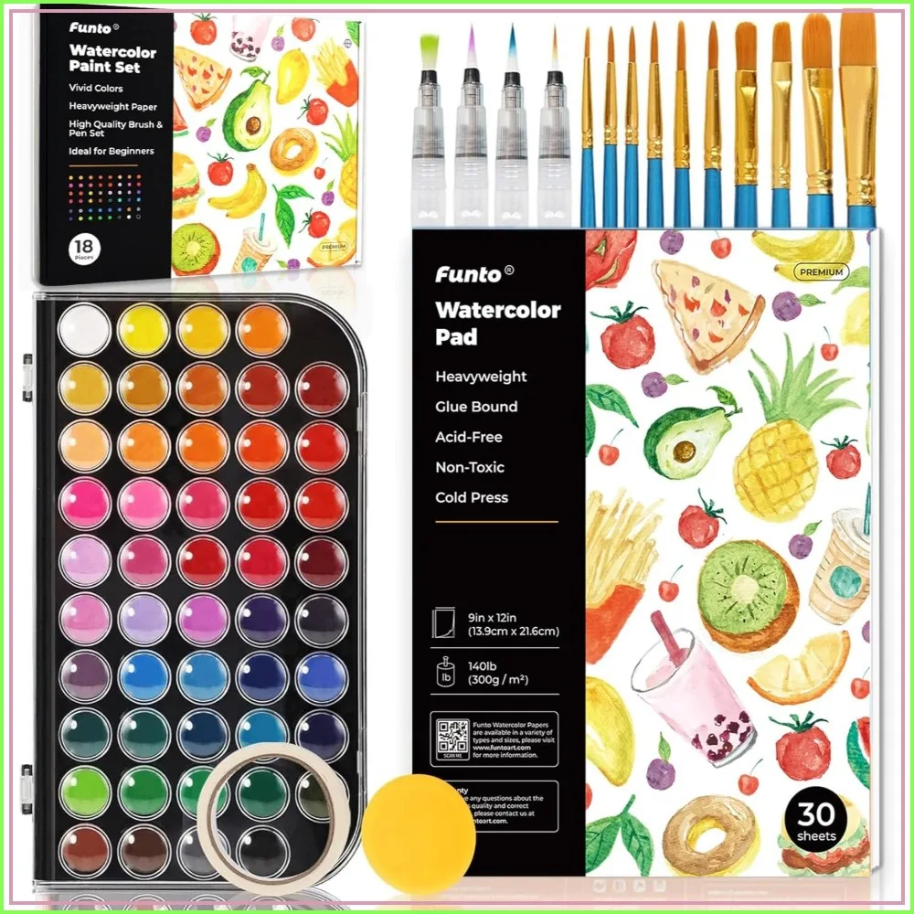 

48-Color Watercolor Set with 10 Brushes, 4 Pens & 30-Page Pad - Complete Painting Kit for All Ages