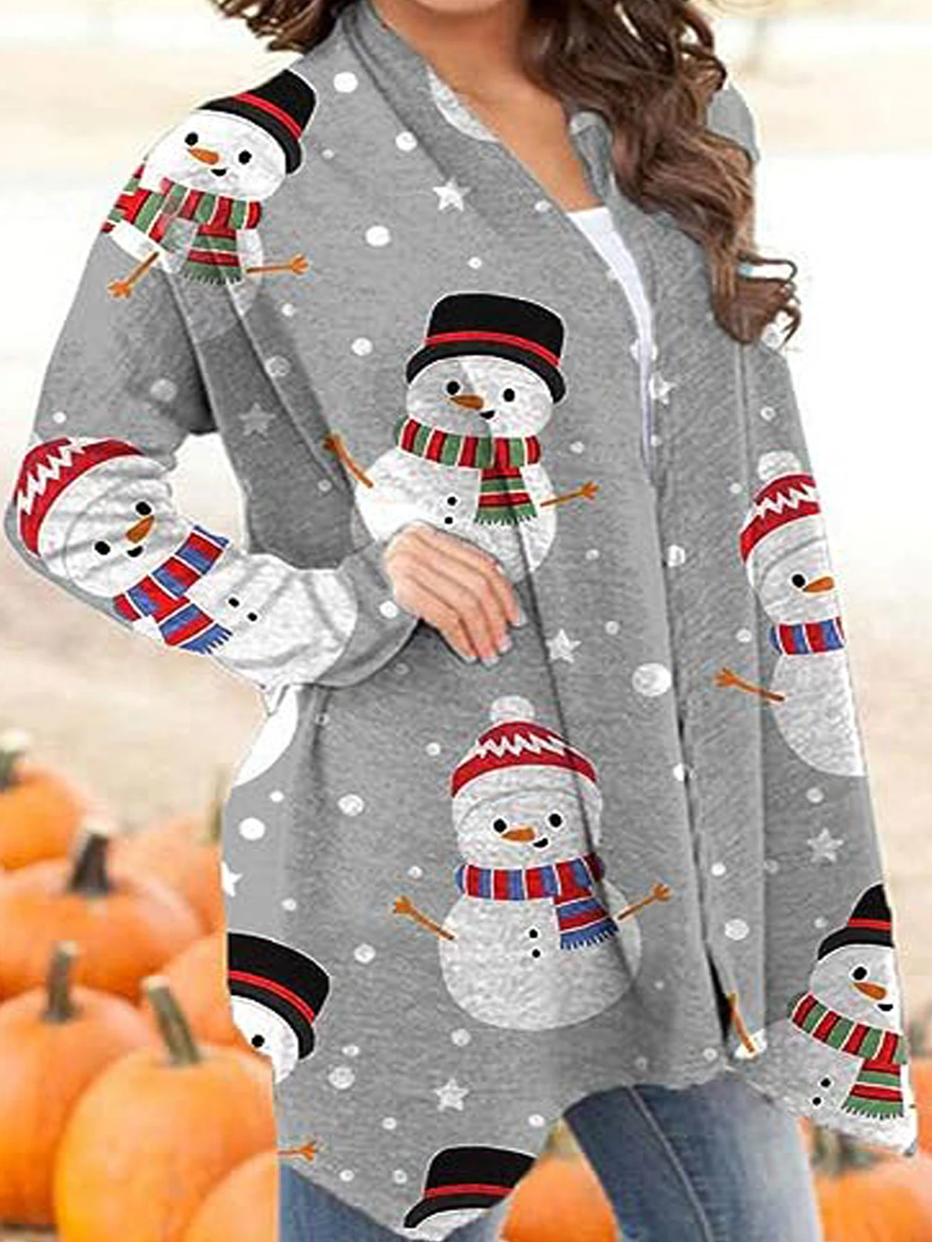 เสื้อคลุมคาร์ดิแกนแขนยาวพิมพ์ลายคริสต์มาสใหม่สำหรับผู้หญิงไซส์ใหญ่สไตล์ยุโรปและอเมริกาสำหรับฤดูใบไม้ร่วงและฤดูหนาว