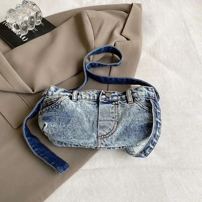 Designer Jeans Women Denim Shoulder bag Motorcycle Style Female tote Fashion Underarm sac Handbag Purse high quality Retro